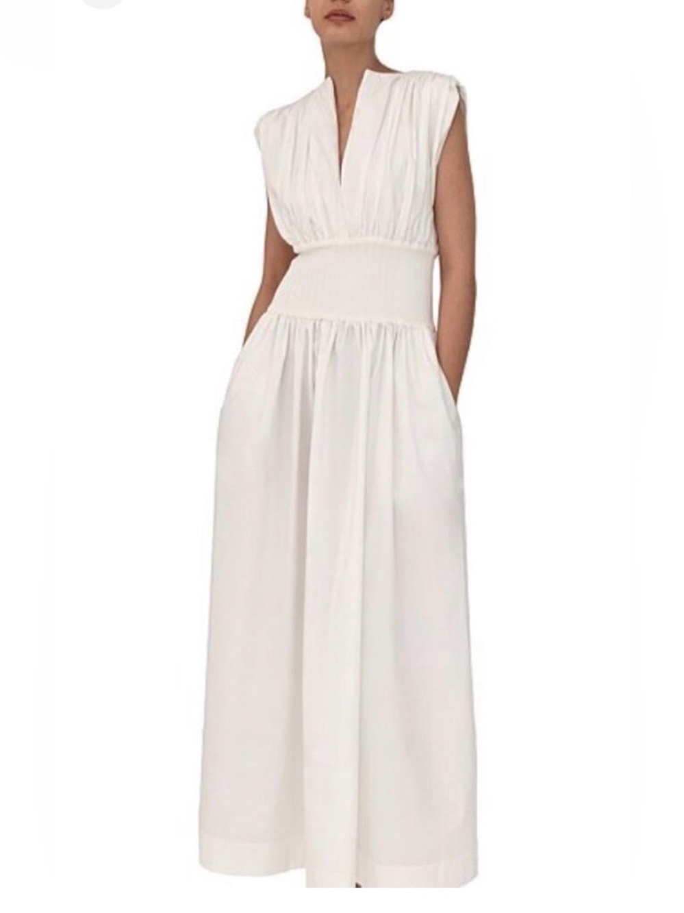 ESSE Edition No. 5 Designer Beige Cotton Poplin, Ribbed Midi Dress, Size M / 10